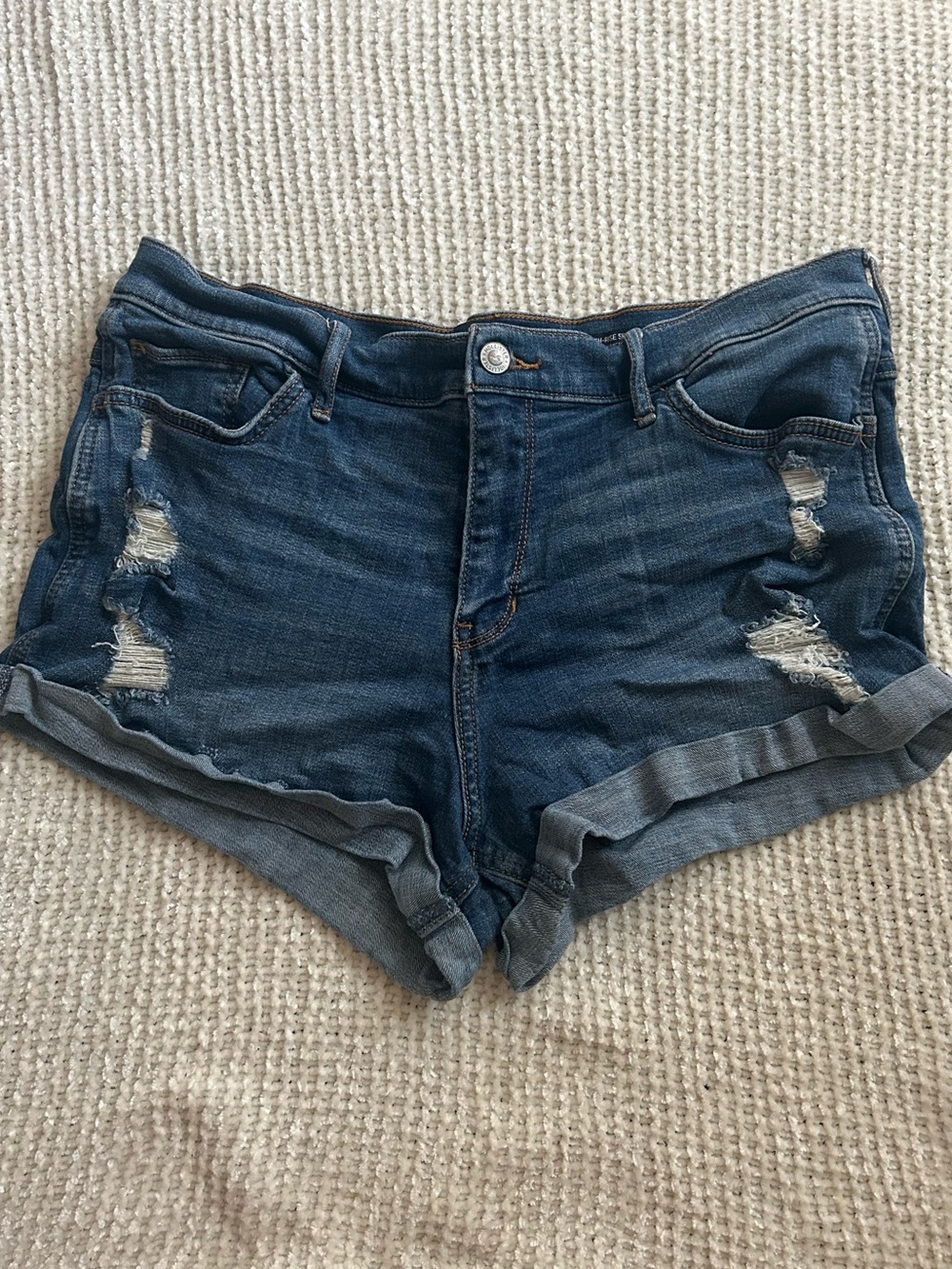 Hollister Dark Blue High Rise Distressed Rolled-Hem Denim Shorts